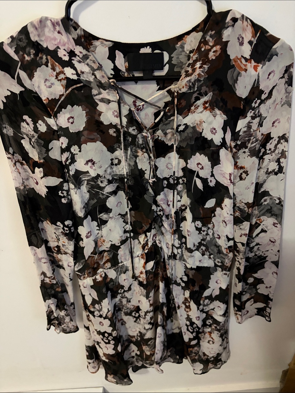 INTERMIX Black Floral Lace-Up Tunic with White & Brown Accents